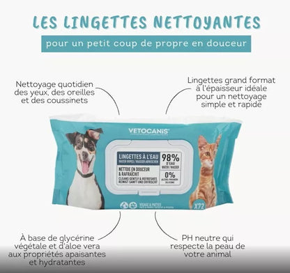 Lingettes Nettoyantes biodégradables pour Chat et Chien - Lot de 2 - Vetocanis